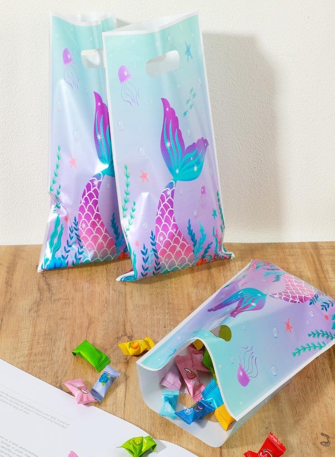 Matwsec 50 Pcs Mermaid Goodie Bags Plastic Gift Bag Christmas for Party Favor Under The Sea Goodie Bag Mermaid Tail Treat Bags with Handles for Candy Girls Kids Birthday - Image 4